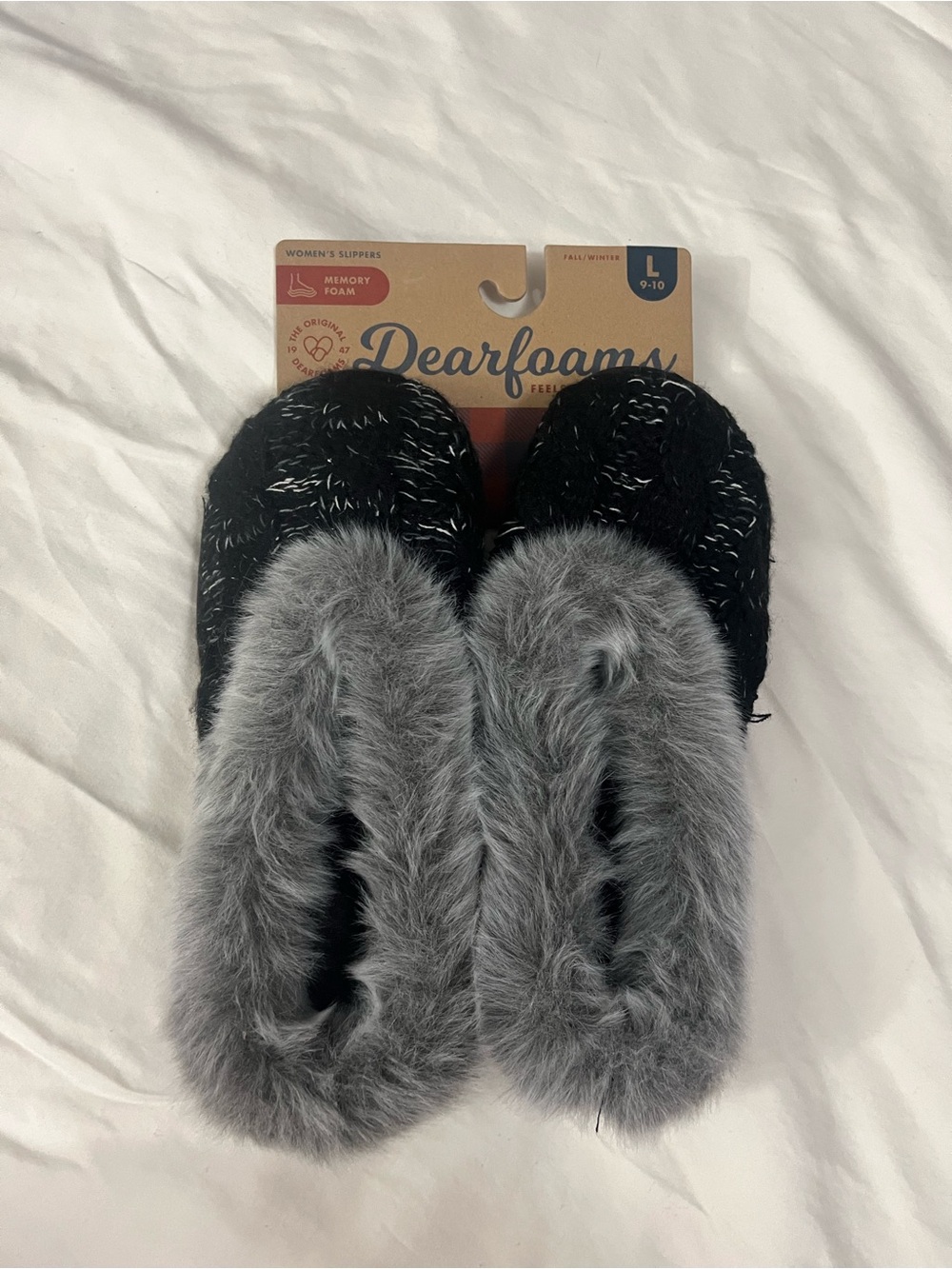 NWT Dearfoams Black Slip-On Indoor/Outdoor Slippers with Faux Fur Trim